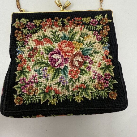 Petit-Point Handbag‎ Needlepoint Tapestry Framed Kiss Lock Floral Vintage Retro - Picture 3 of 16
